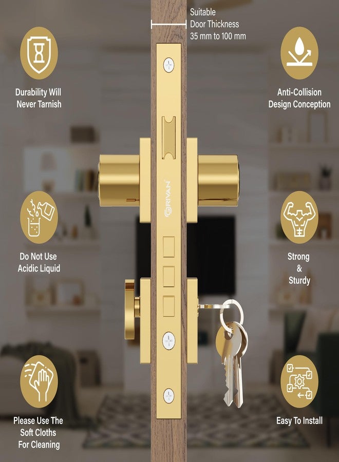 GRIVAN Luxury Door Locks for Main Door, Mortise Door Lock Set with 3 Brass Keys, Bedroom Door Lock, Handle Lock for Home/Office/Hotel (Gold Black Finish) | 2 Years Warranty - Image 3